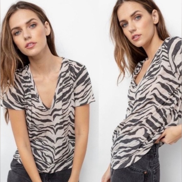 RAILS Cara Tiger Striped VNeck Tee T-Shirt Top Ivory Black Linen Blends Blouse - Picture 16 of 16